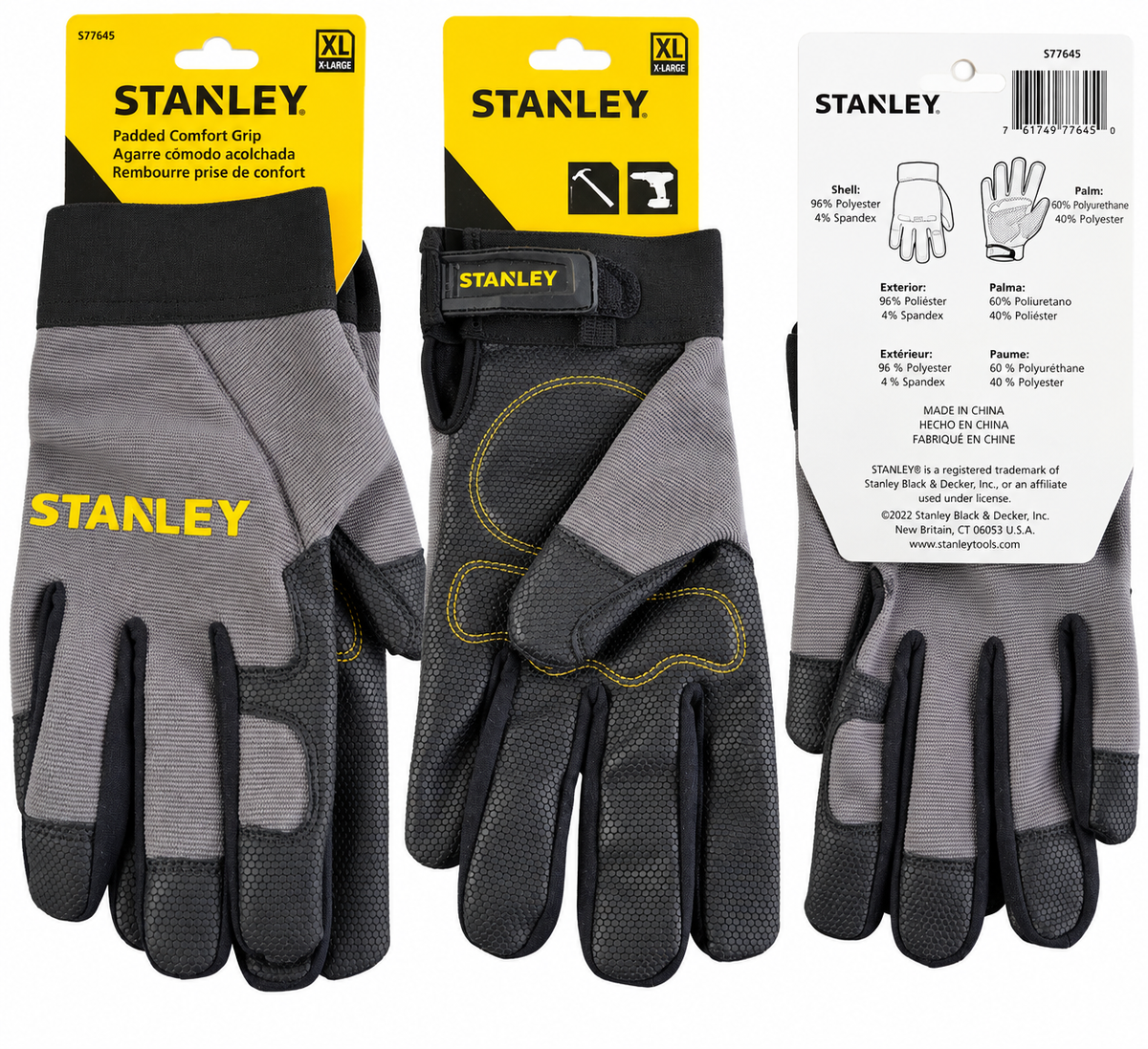 Stanley XL Padded Comfort Grip Work Gloves – Gray/Black, Adjustable Wrist