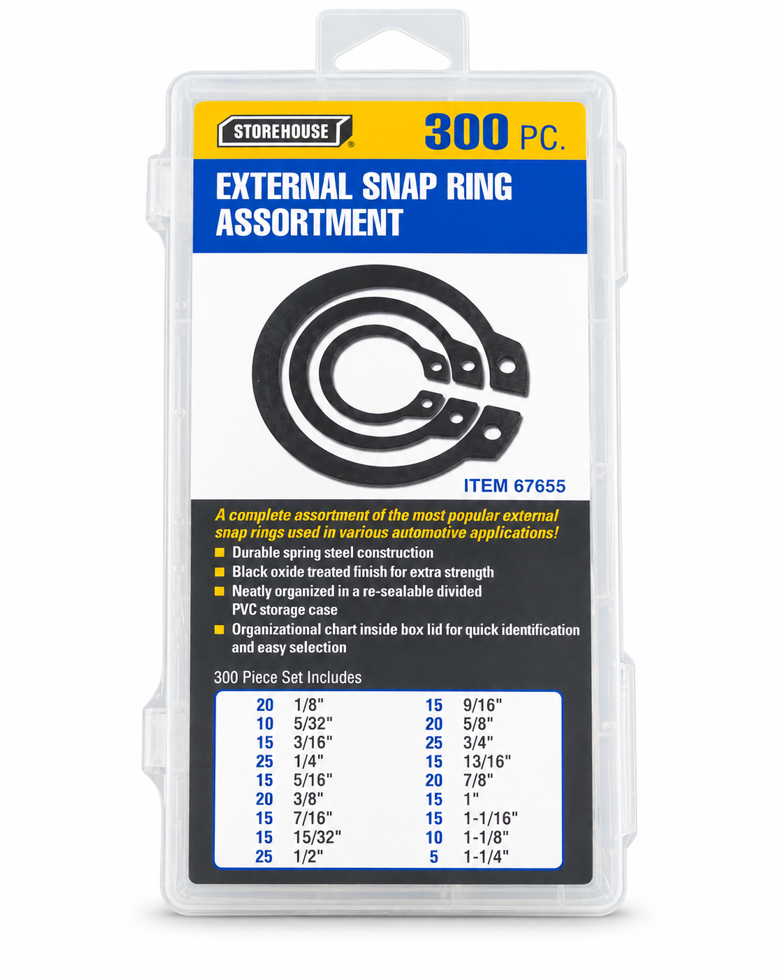 STOREHOUSE 300-Piece External Snap Ring Assortment – SAE Retaining Ring Set, Item 67655