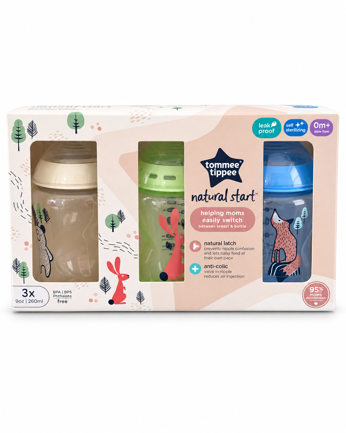 Tommee Tippee Natural Start Baby Bottles 3-Pack – 9 oz / 260 ml, 0m+ Slow Flow, Decorated