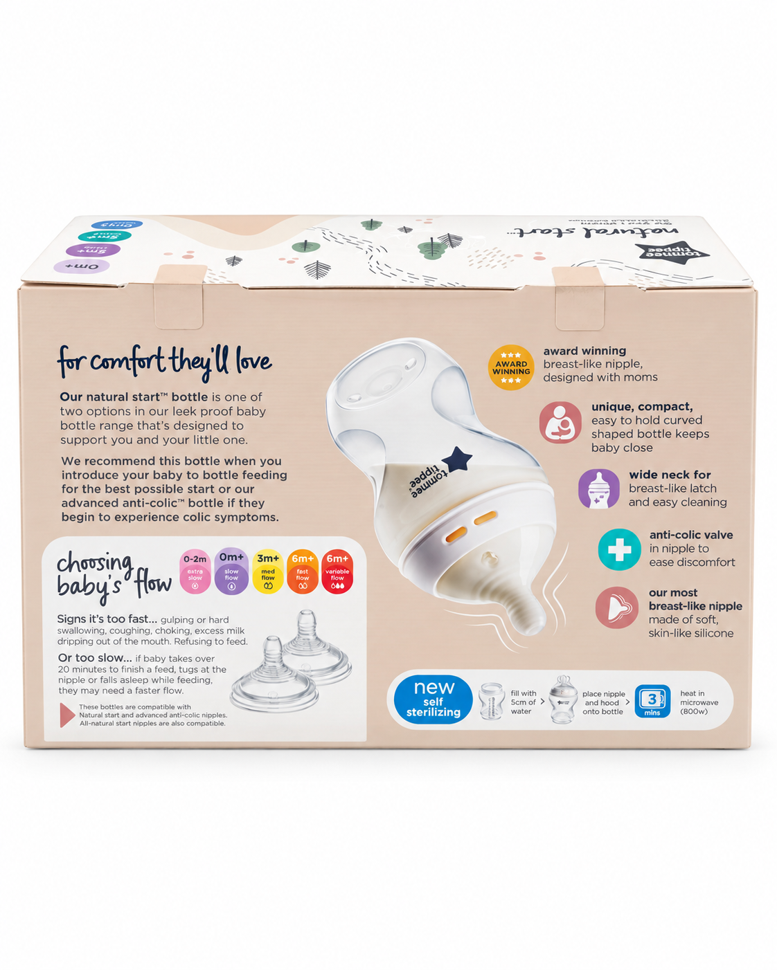 Tommee Tippee Natural Start Baby Bottles 3-Pack – 9 oz / 260 ml, 0m+ Slow Flow, Decorated