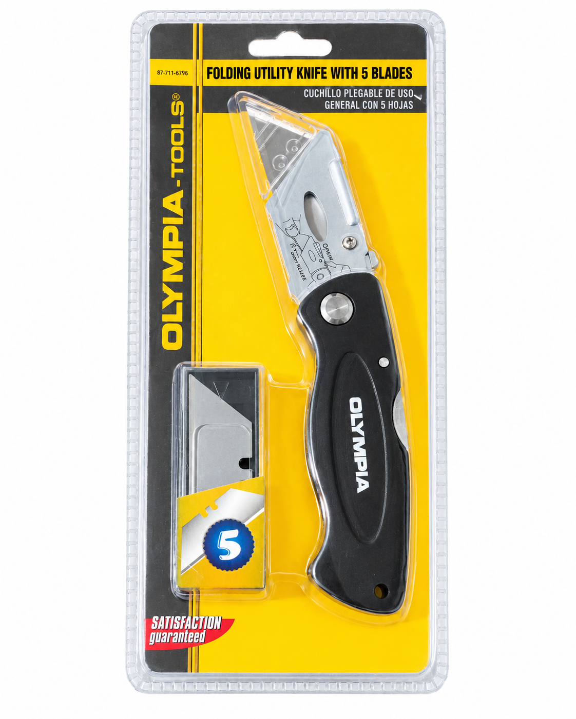 Olympia Tools Folding Utility Knife with 5 Blades Quick Change Locking Design
