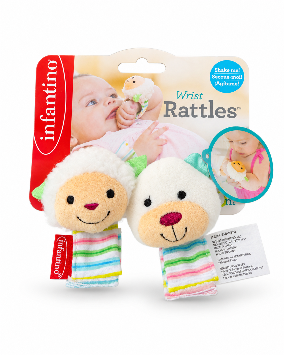 Infantino Wrist Rattles Lamb & Bear Baby Rattle Set 2-Pack Soft Plush 0m+