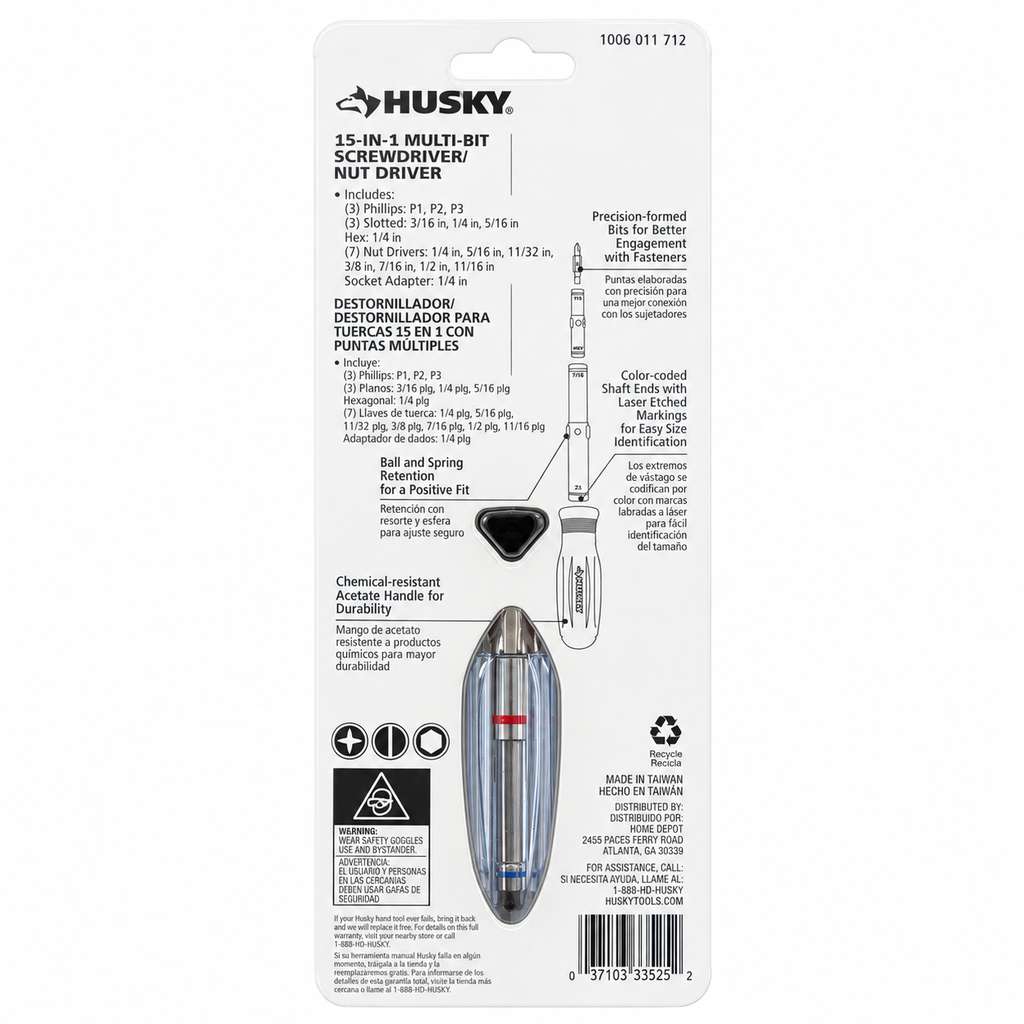 Husky 15-in-1 Multi-Bit Screwdriver / Nut Driver – SAE, 1/4 in Drive