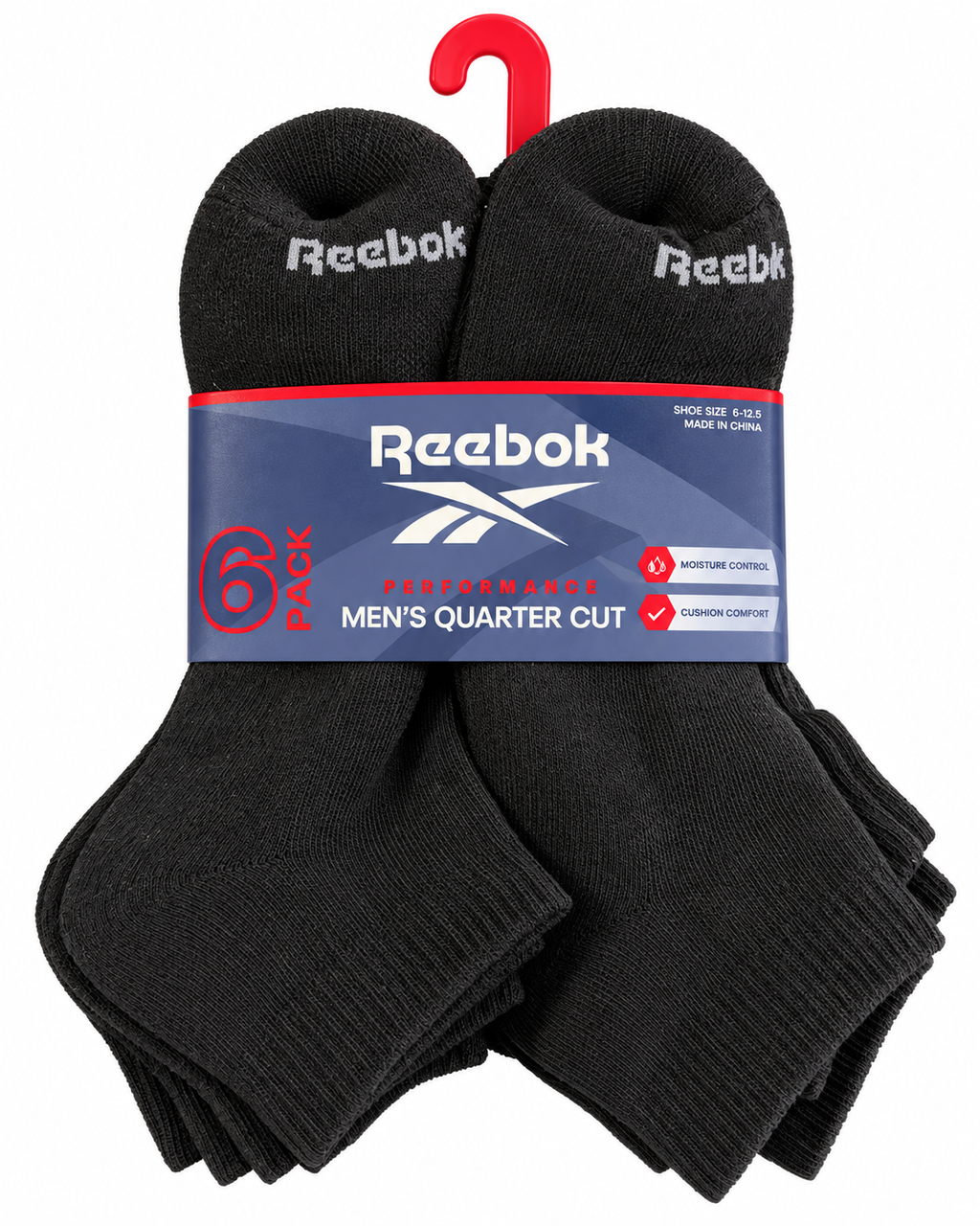 Reebok Performance Men’s Quarter Cut Socks 6 Pack Black Shoe Size 6–12.5