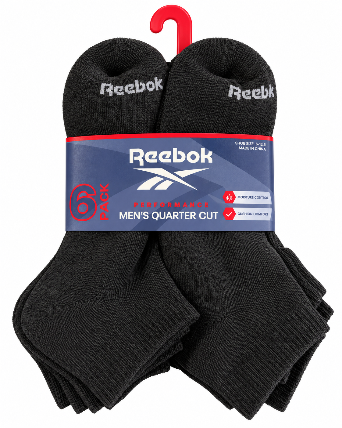 Reebok Performance Men’s Quarter Cut Socks 6 Pack Black Shoe Size 6–12.5