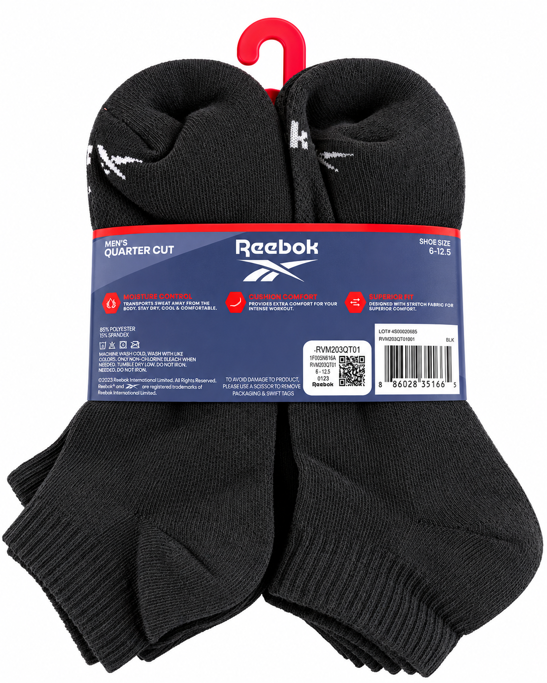 Reebok Performance Men’s Quarter Cut Socks 6 Pack Black Shoe Size 6–12.5