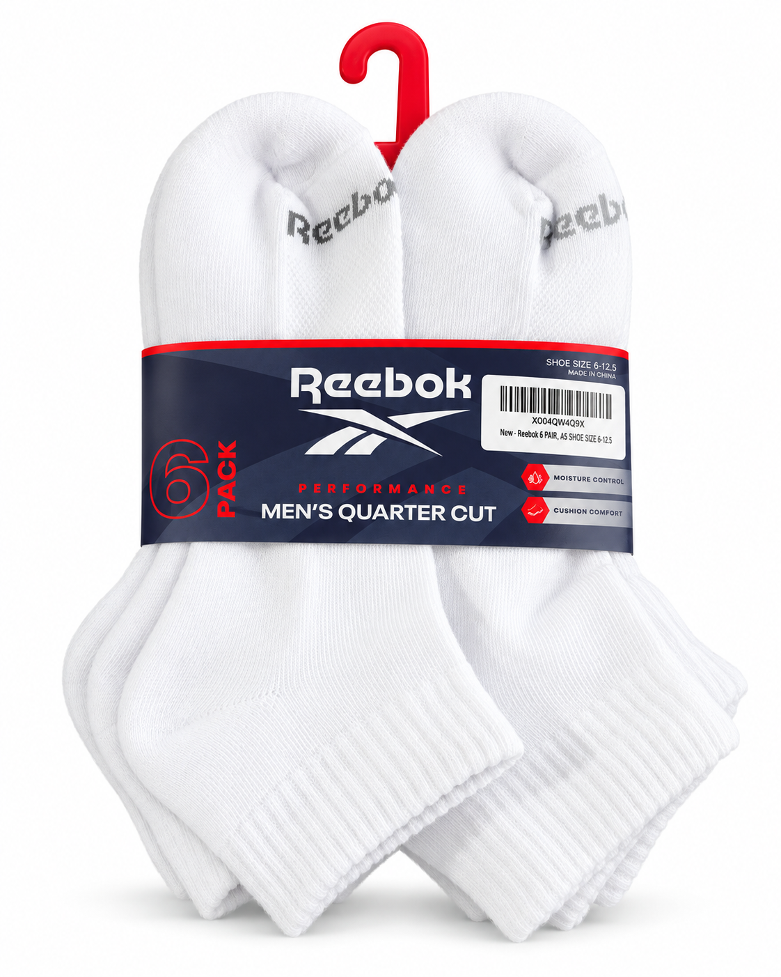 Reebok Performance Men’s Quarter Cut Socks 6 Pack White Shoe Size 6–12.5