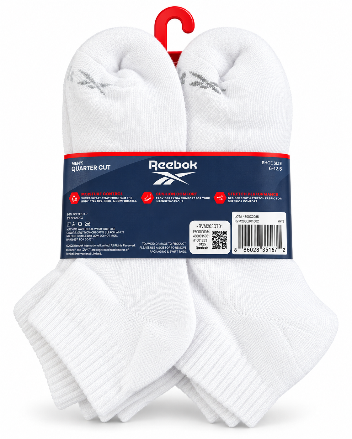 Reebok Performance Men’s Quarter Cut Socks 6 Pack White Shoe Size 6–12.5