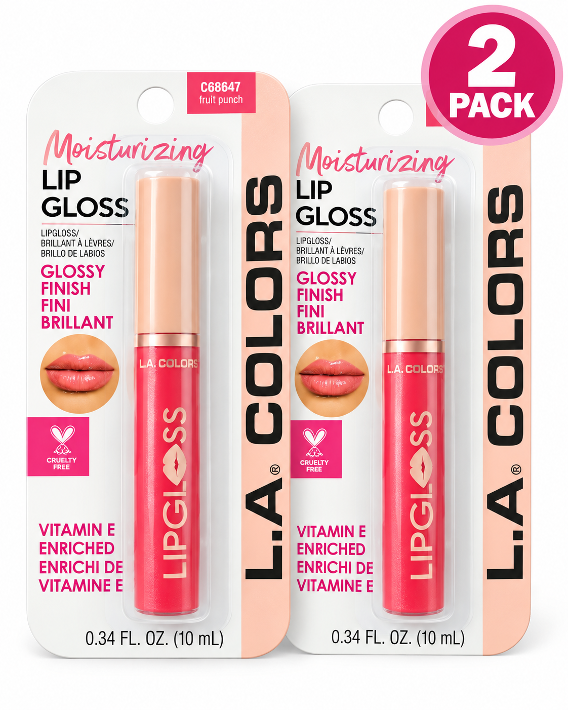 L.A. Colors Moisturizing Lip Gloss Fruit Punch C68647 – 2 Pack, 0.34 fl oz Each