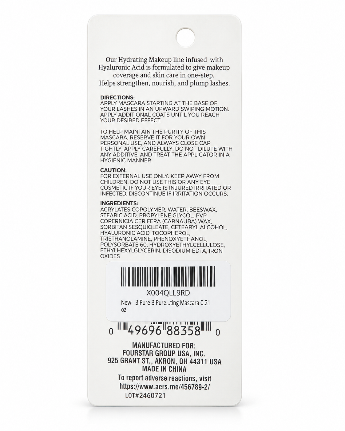 b.pure Hydrating Mascara with Hyaluronic Acid Black – 2 Pack, 0.21 oz Each