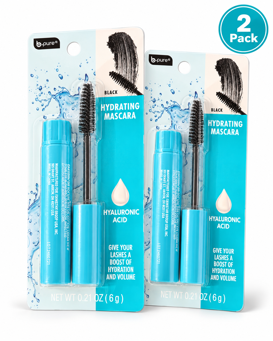 b.pure Hydrating Mascara with Hyaluronic Acid Black – 2 Pack, 0.21 oz Each