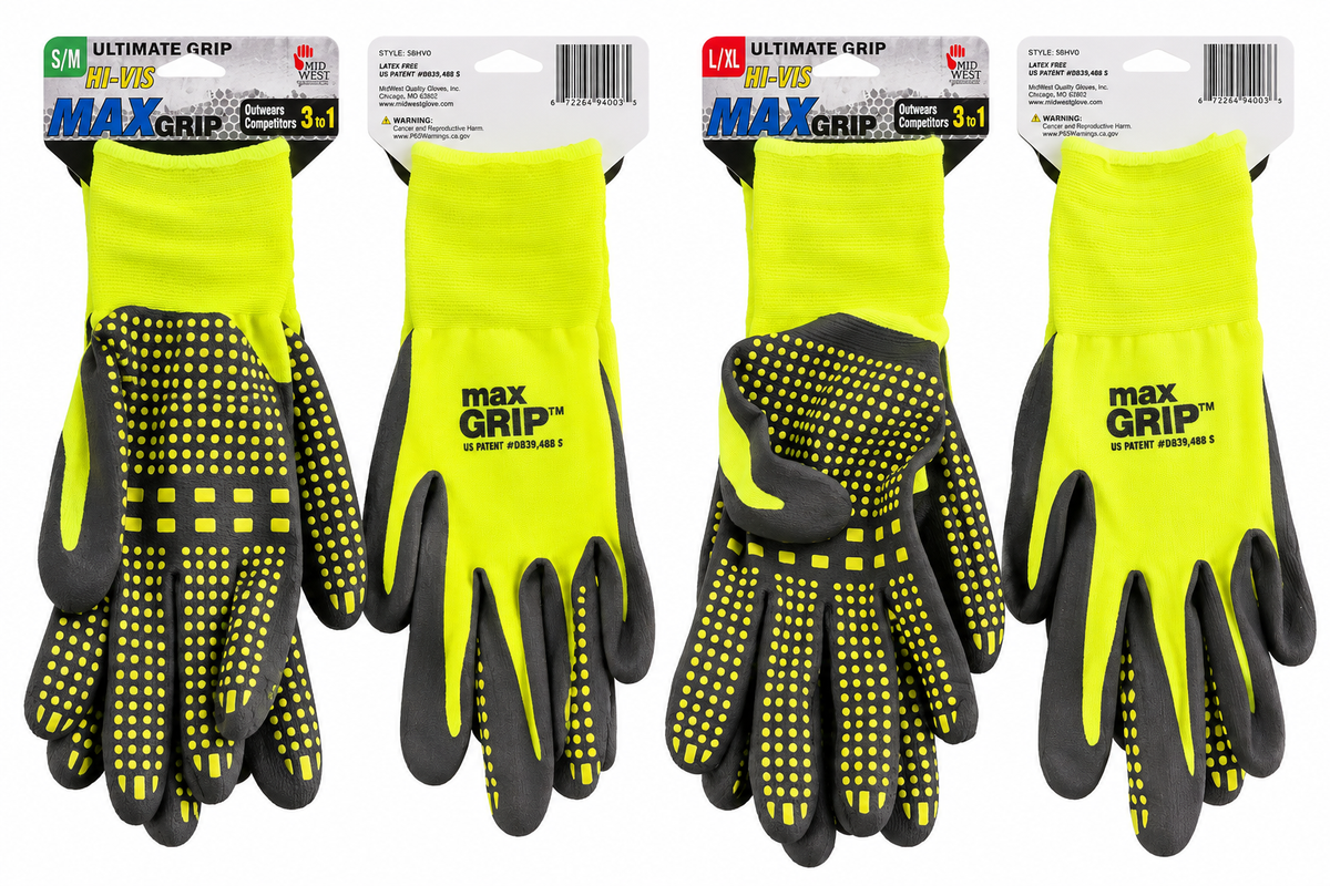MidWest MaxGrip Hi-Vis Ultimate Grip Work Gloves – S/M or L/XL